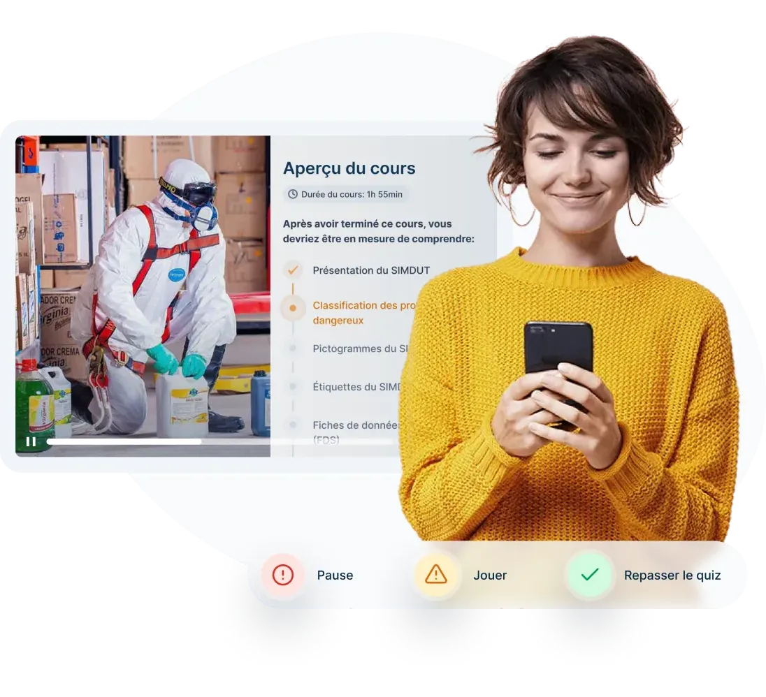 Personne utilisant un téléphone pour accéder à des cours avec des options pour jouer, faire une pause et reprendre des quiz en déplacement