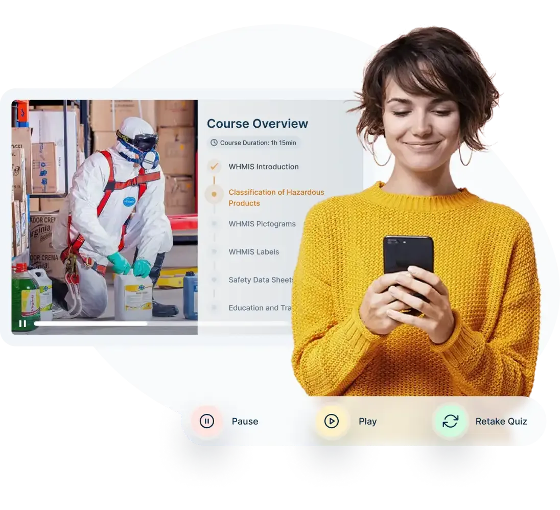 Individual using a phone to access courses with options to play, pause, and retake quizzes on-the-go