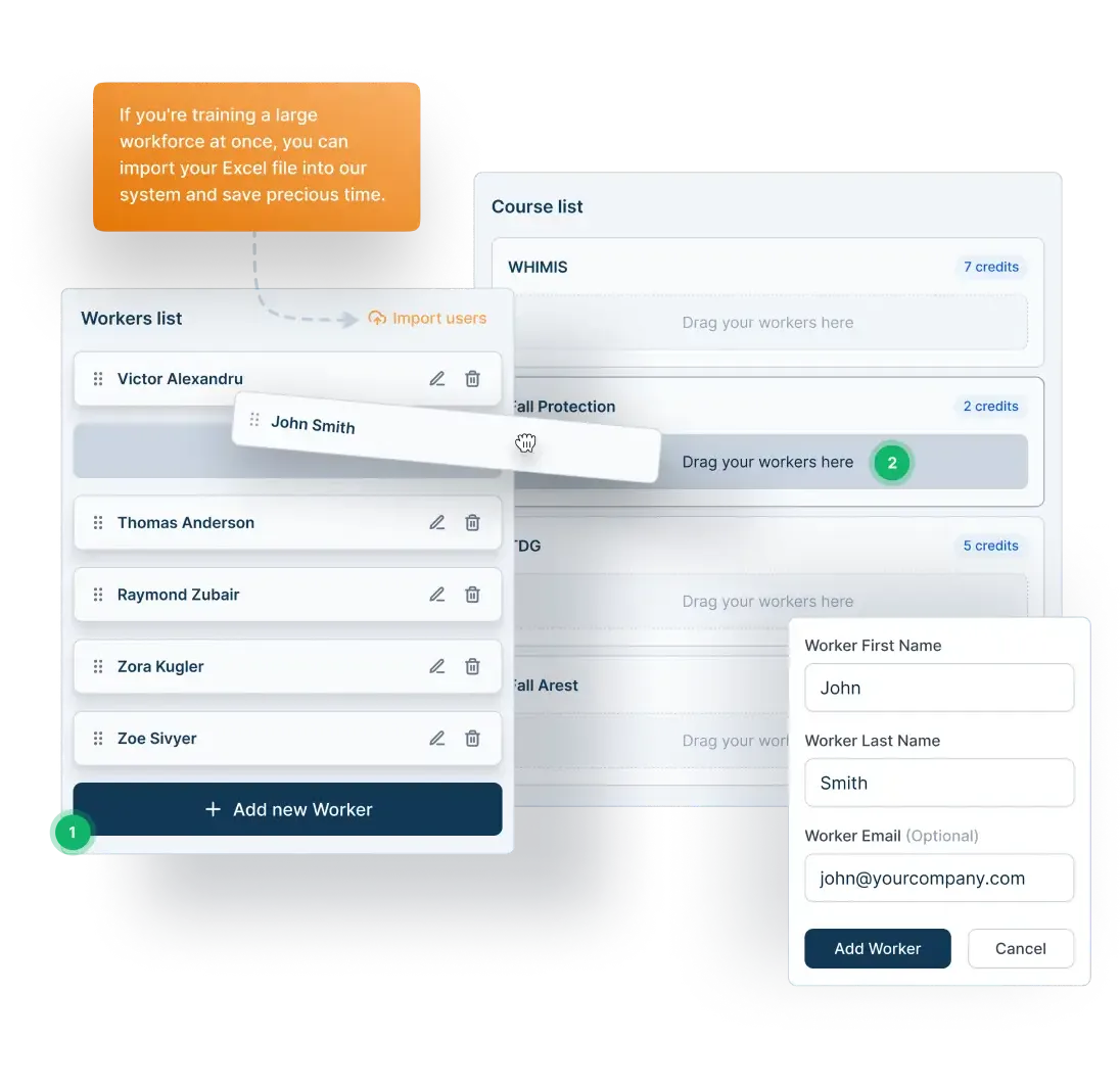 Invitation system dashboard: bulk user import, manual worker addition, and drag-and-drop course assignment