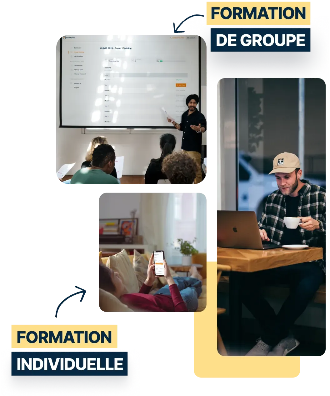 Comparaison des travailleurs dans une salle de formation de groupe par rapport à une personne accédant à des cours à domicile ou dans un café