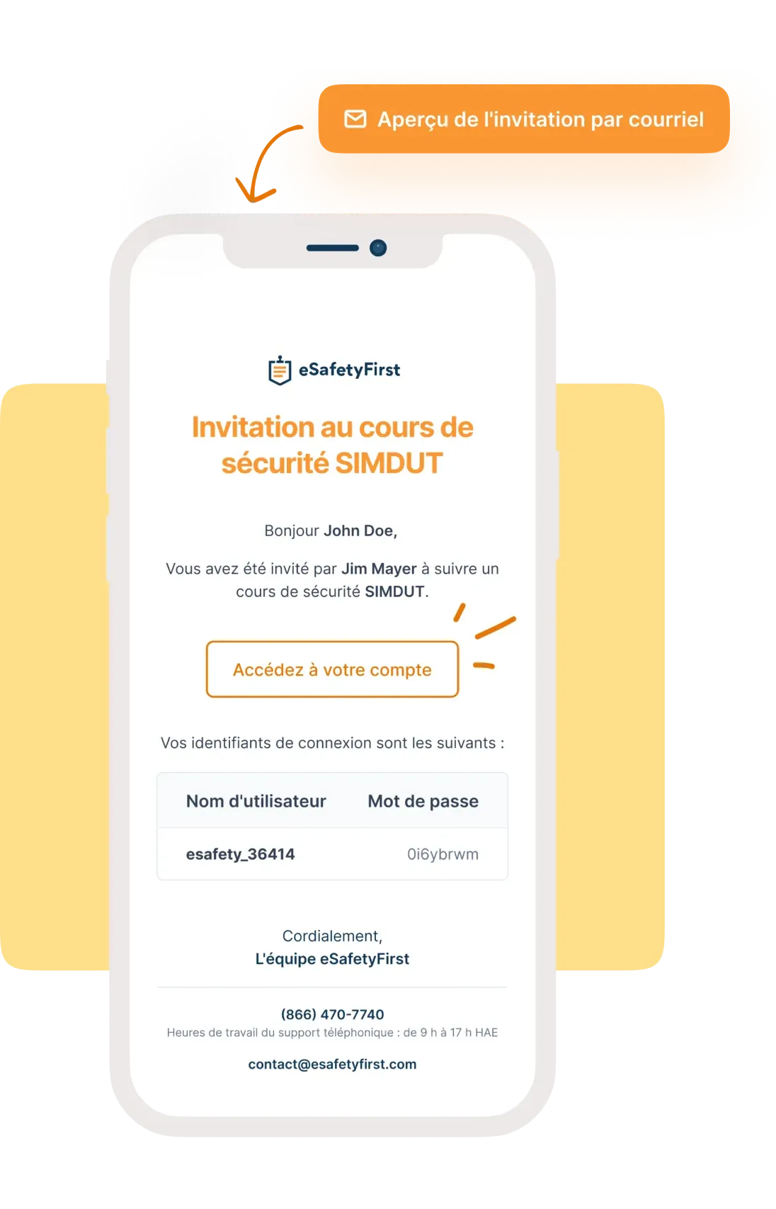 Aperçu de l’e-mail d’invitation avec la fonction «&nbsp;Accéder à votre compte&nbsp;» pour une connexion simplifiée d’un travailleur en un clic