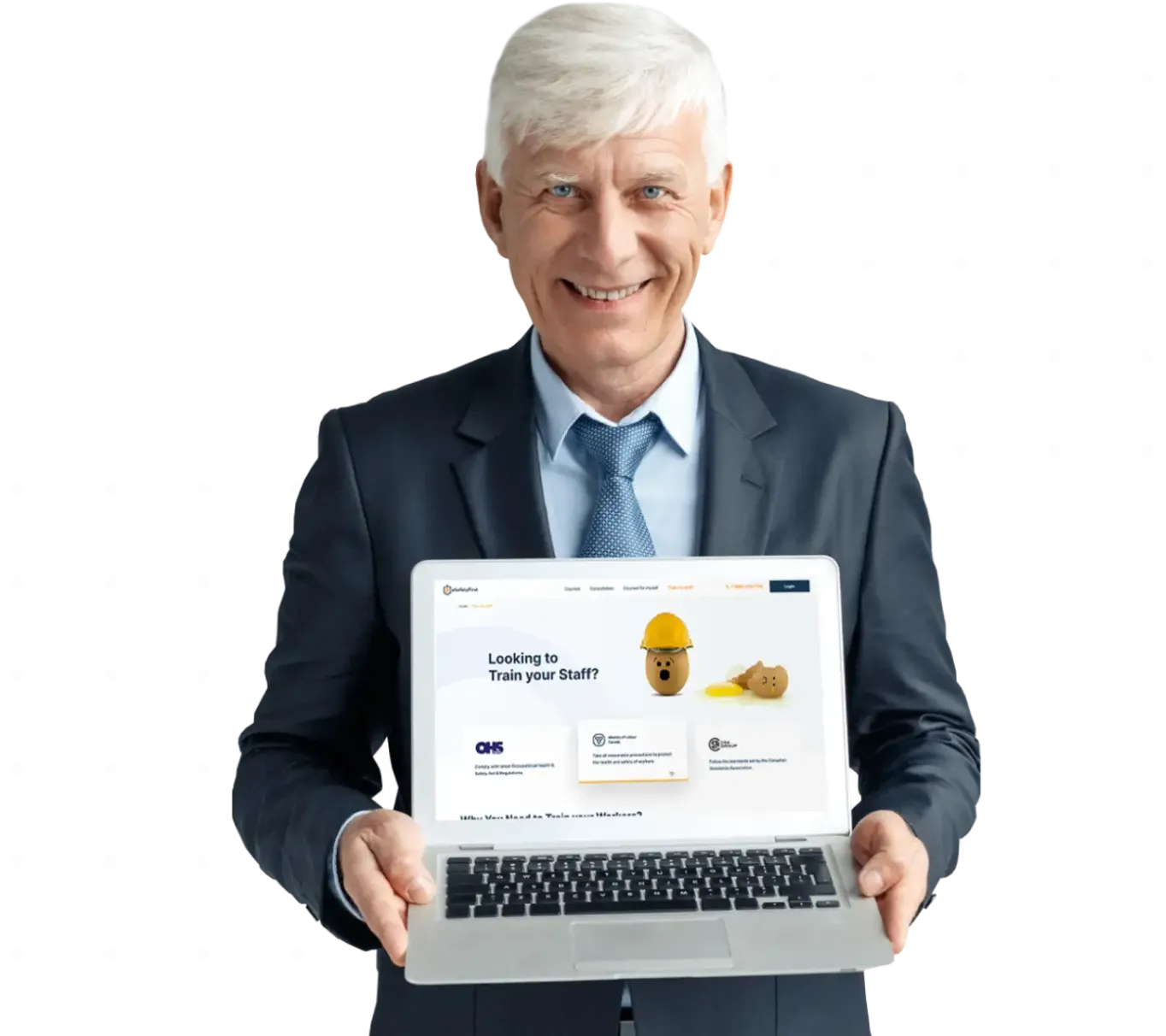 Senior entrepreneur in business attire holding an open laptop displaying the eSafetyFirst website, symbolizing powerful business solutions and platform features for training and certification.