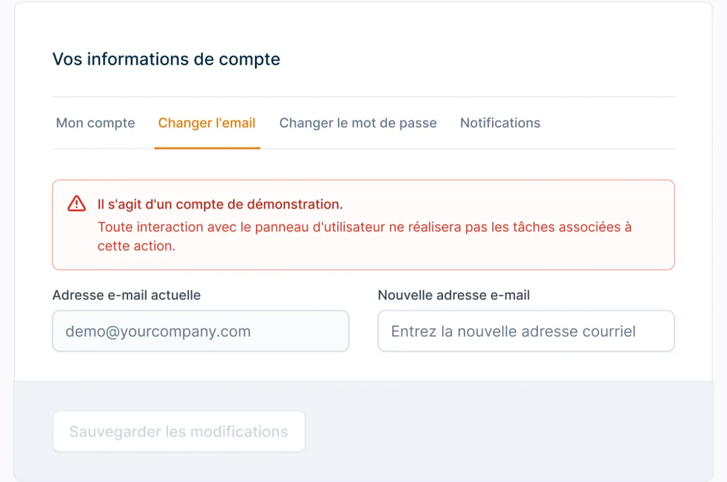 Notification mettant en évidence l’état du compte de démonstration et les fonctionnalités limitées pour les interactions des utilisateurs