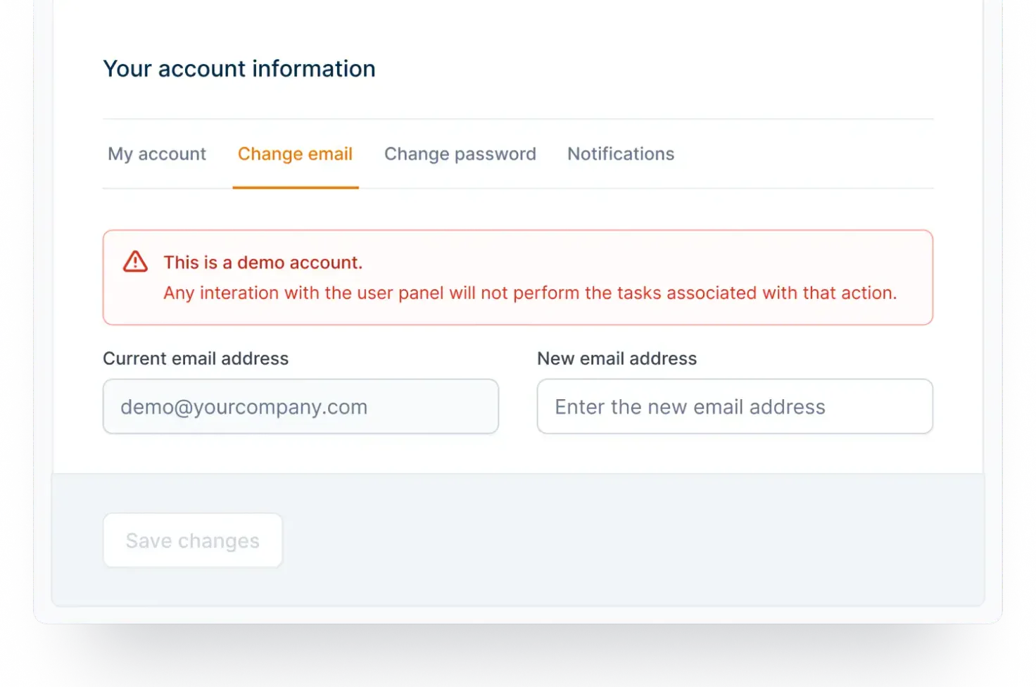 Notification highlighting the demo account status and limited functionality for user interactions