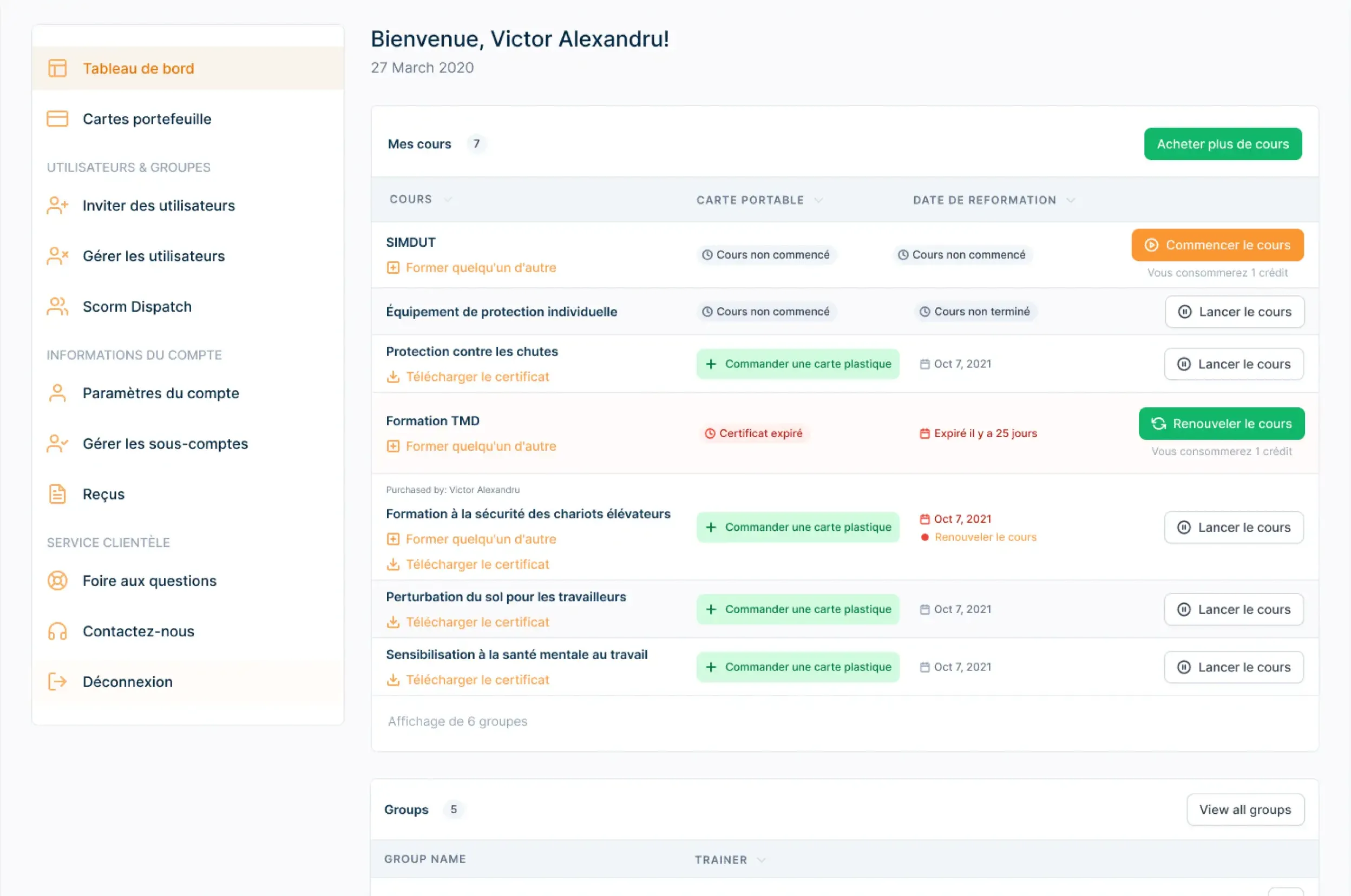 Aperçu du tableau de bord du compte utilisateur avec le menu de navigation sur les options d’interaction gauche et centrale