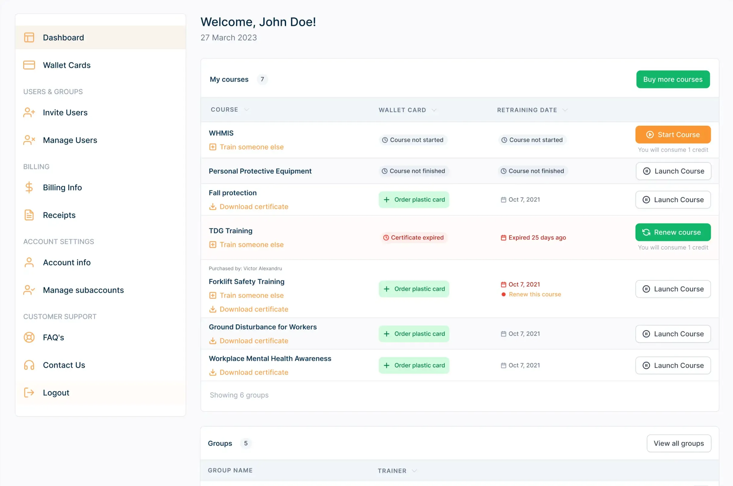 User account dashboard preview with navigation menu on the left and central interaction options