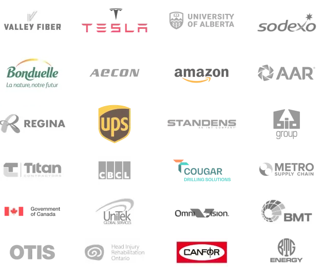 Collage de logos d’entreprise mettant en valeur un partenariat avec plus de 25 000 organisations canadiennes, représentant plus de 200 000 travailleurs formés et soulignant des années d’expertise dans la fourniture d’un environnement de formation en ligne convivial.